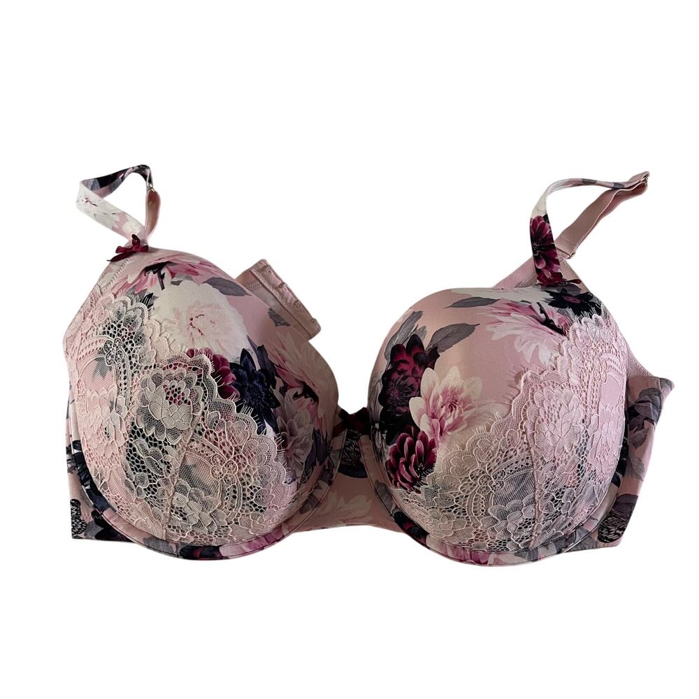 Cacique Pink Floral Lace Boost Balconette Bra 44DDD Underwire Coquette